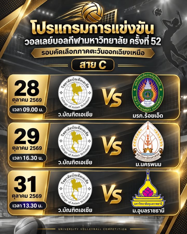 โปรแกรมการแข่งขันวอลเลย์บอล (ชาย) กีฬามหาวิทยาลัยแห่งประเทศไทย ครั้งที่ 52 รอบคัดเลือก (ภา...
